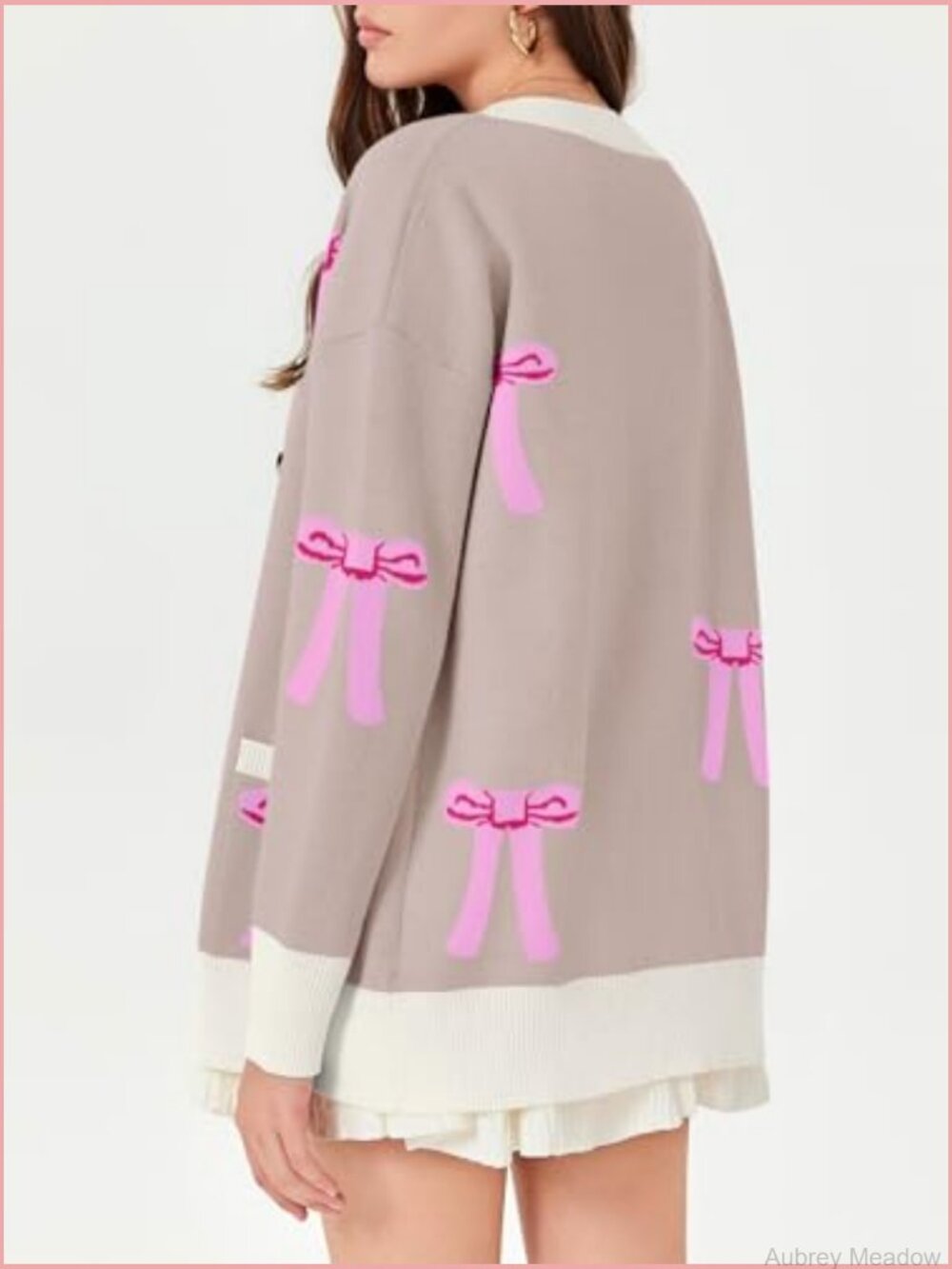 Oversized Bow Printed V Neck Long Sleeve Cardigan Sweater - Picture 5 of 7